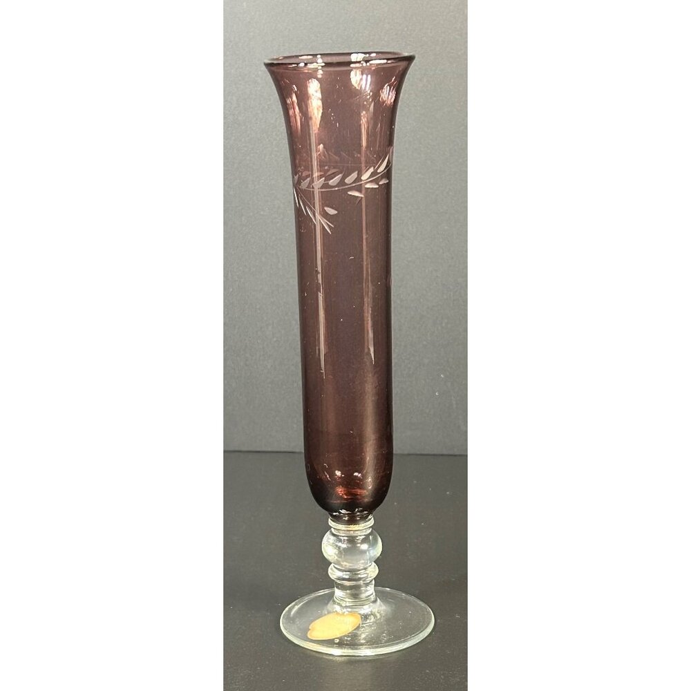 Vintage Purple Amethyst Blown Glass Bud Vase 8'' Etched Cut Dot & Leaf Pattern